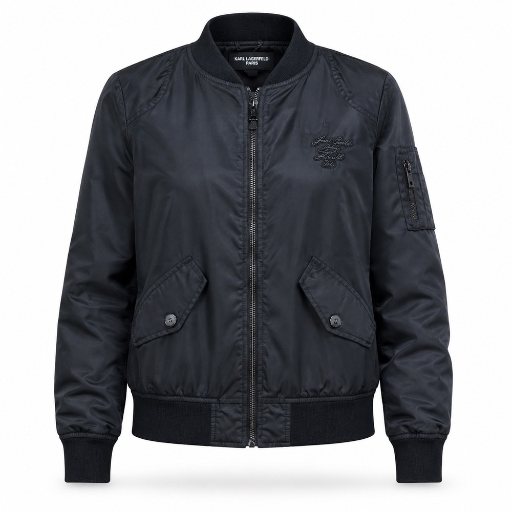 Karl Lagerfeld Womens Bomber Jacket M Black Satin Embroidered Streetwear Utility